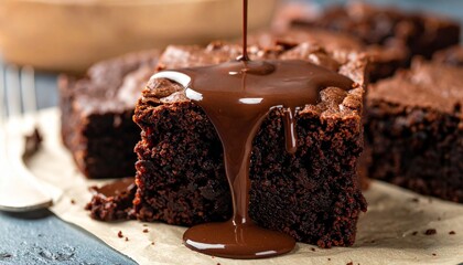 Fudgy Brownies with Melted Chocolate Sauce. A close-up shot of rich, fudgy brownies drizzled with decadent melted chocolate sauce