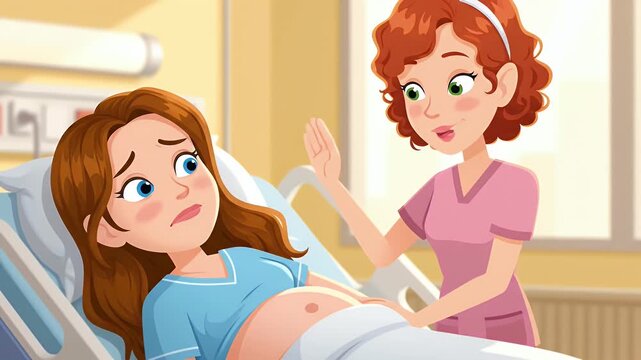 Animated Loop of Pregnant Woman in Labor with Nurse Attending Blue Hospital Gown Cartoon Style Animation Healthcare