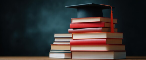 Stacks of textbooks and diplomas symbolize hard-earned academic milestones and proud achievements