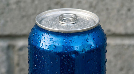 a blue soda can with water droplets, set against a blurred grey concrete background