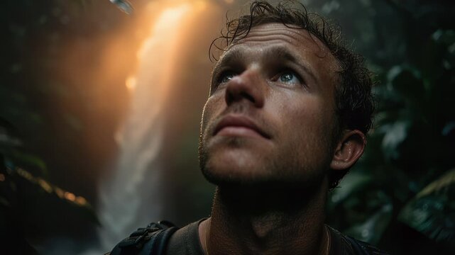 Man Looking Up in Jungle Light Near Flowing Waterfall