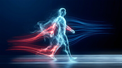 digital artwork depicts a translucent, ethereal human figure with flowing red and blue energy trails