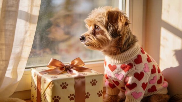 Small dog puppy in heart sweater by window with gift box and warm sunlight cozy heart pattern gift scene