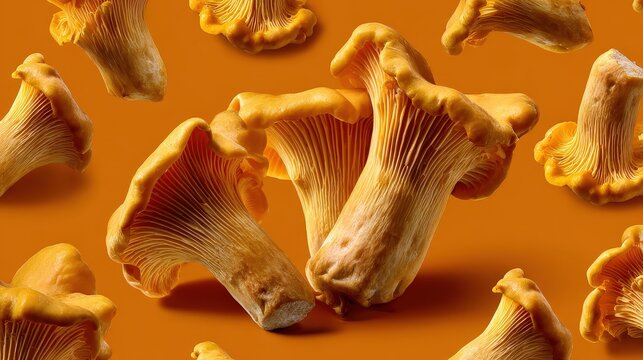 Fresh Golden Chanterelle Mushrooms on Vibrant Orange Background