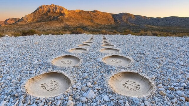 Delicate footprints creating a patterned trail in loose gravel leading towards a distant mountain range under a clear sky