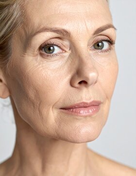 Close-up of the left side of a face showing visible pores, fine lines, and subtle makeup. Soft lighting emphasizes natural complexion and contours. Ideal for dermatology, skincare