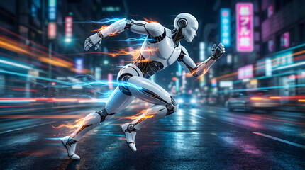  humanoid robot with glowing orange lines runs through a neon-lit, bustling city street at night,