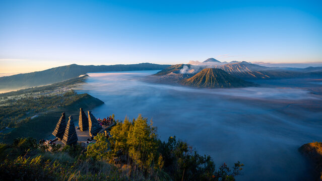 PanoBromo volcano (Gunung Bromo) during sunrise in Bromo Tengger Semeru National Park, East Java, Indonesia.