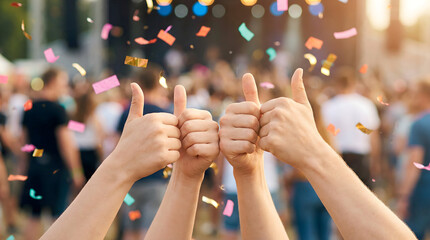  captures two hands giving thumbs-up, with colorful confetti falling around them. 