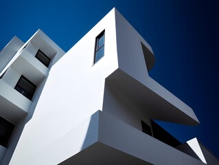 Clean White Facade with Dynamic Light and Shadow | Modern Architecture Photo white house with blue sky in background