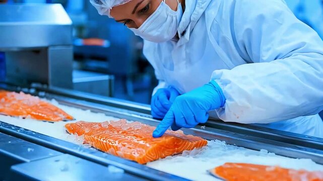 Food production worker in full protective gear inspects fresh raw salmon fillets moving along a chilled industrial conveyor belt during processing