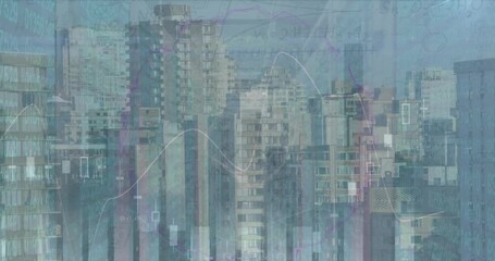 Animation of financial data processing and mathematical equations over cityscape - Powered by Adobe