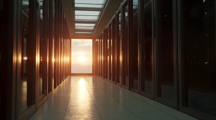 Modern server room aisle bathed in the warm glow of a sunrise or sunset seen through a large window at the end of the corridor