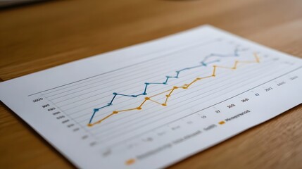 Close up view of a financial analysis chart with blue and orange lines indicating growth and trends on a textured wooden surface