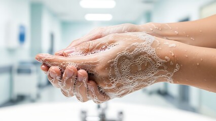 Fototapeta premium Close-up of hands being thoroughly washed with soap suds in a clean, sterile medical environment.