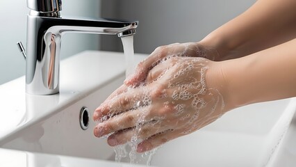 A person's hands are thoroughly washed with soap and water under a modern chrome faucet in a clean white sink, creating abundant suds.