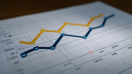Two colored lines on a grid paper chart show financial data trends and analysis over time