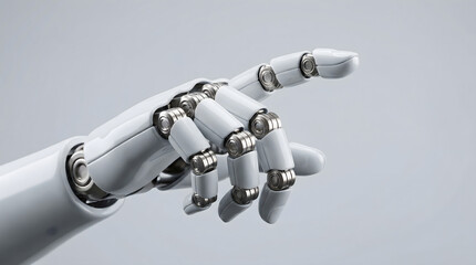a white, sleek robotic hand with metallic joints and fingers, pointing upwards against a smooth, light gray background