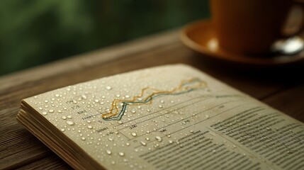 Naklejka premium Open book with financial chart covered in water droplets on a wooden table with coffee cup
