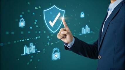 Businessman interacting with digital security interface with shield and checkmark