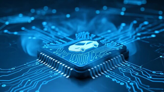 Autonomous Vehicle Chip Technology - This video shows a close-up of a microchip with a car icon on it, highlighting the integration of technology in autonomous vehicles.