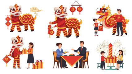 Illustrations of people celebrating Chinese New Year with dragon dance, lanterns, and traditional food in a vibrant, festive scene.