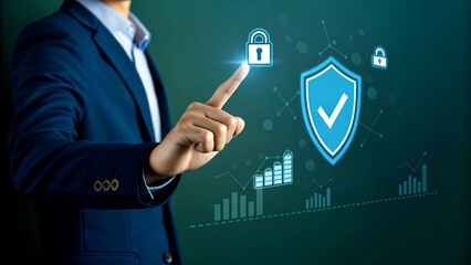 Businessman interacting with digital security interface
