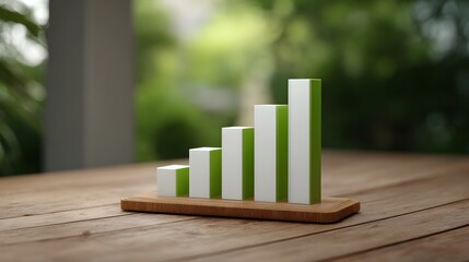A conceptual 3D bar graph rendered in white and green illustrates positive growth and financial progress on a wooden surface outdoors
