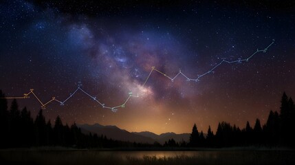 Starry night sky with superimposed data graph above a forest and mountain landscape