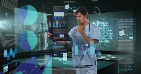 Animation of data processing over caucasian male doctor with xray - Powered by Adobe
