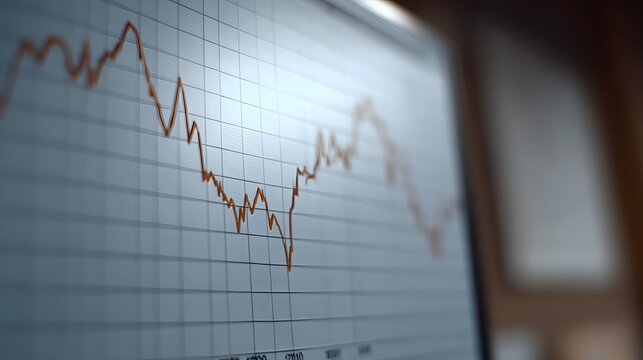 Close up of a downward trending orange line graph on a grid screen symbolizing economic decline or market volatility - Powered by Adobe