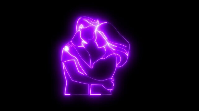Glowing neon Young couple in love embracing relaxing before after making love,valentines day hearts neon lights and glitter glowing dust animation....