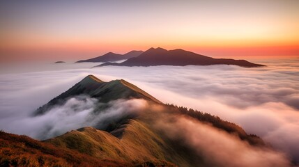 Serene Sunrise Mountain Landscape Above Cloud Layer | Soft Pastel Sky View sunset in the mountains