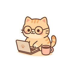 Cute orange cartoon kitten sitting with a book, a cup of coffee, tea and laptop in a funny vector illustration.