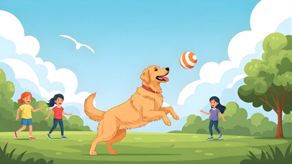 Fototapeta premium Golden Retriever Playing Fetch in Sunny Park with Kids Vector Illustration