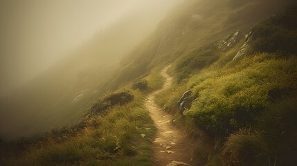Mountain Trail Winding Through Foggy Valley at Dawn | Atmospheric Landscape morning in the mountains