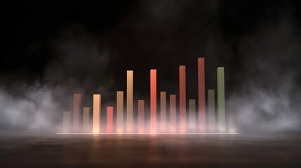 Yearly business graph data visualized through dramatic fog and spotlight illumination