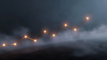 Glowing orange line graph ascends through atmospheric fog symbolizing financial growth