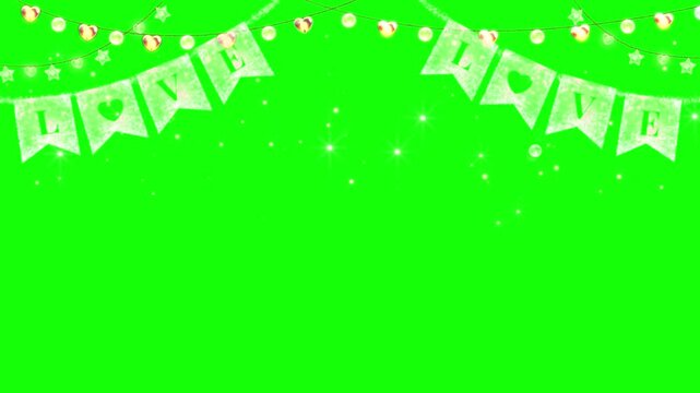 Festive holiday banner with glowing string lights and chalk-style word love displayed above a vibrant green screen background