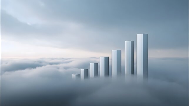 Series of abstract bar graph columns signifying upward growth and financial success emerging from dense fog and mist into a bright cloudy sky - Powered by Adobe