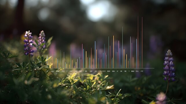 Composite image features a colorful bar chart overlaid on a serene garden with lupine flowers depicting data trends - Powered by Adobe