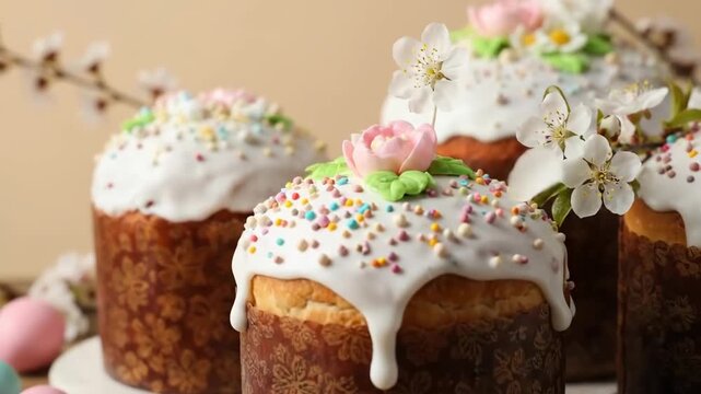 Sweet easter cake or kulich decorated with frosting, sprinkles, and spring flowers for holiday celebration