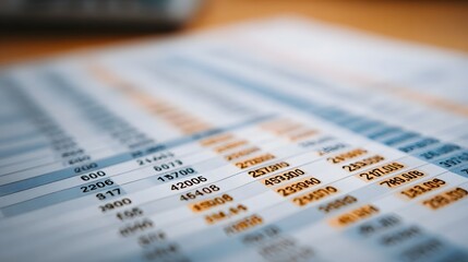 Close up of financial statement rows of numbers indicating business analysis and data