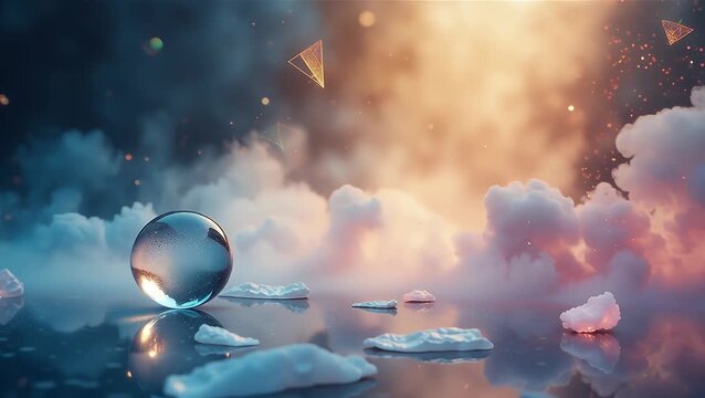 Abstract Crystal Sphere with Colorful Light Reflections and Clouds