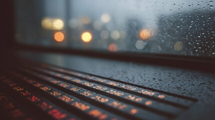 Rows of glowing orange market numbers illuminated on a dark surface viewed through a rain covered window with city lights bokeh