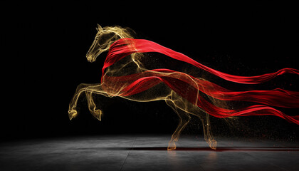 Abstract art concept of a galloping horse formed by swirling golden dust and flowing red silk ribbons against a black background, Year of the Horse 2026