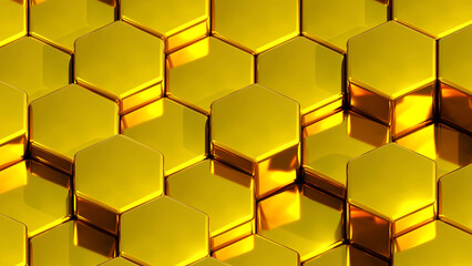 Gold metal hexagons geometric background, minimal honeycomb golden pattern wallpaper.