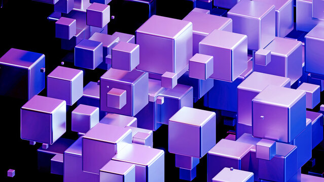 Abstract technology background with 3D cubes in space,  purple cubes on black, 3d technology science wallpaper.