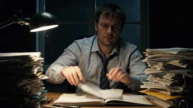 Overworked Businessman at Desk - A businessman sits at his desk surrounded by large stacks of paperwork under the dim light of a desk lamp.