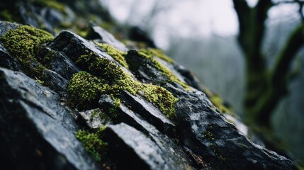 Close-up of layered, dark rocks covered with bright green moss, set against a blurred forest